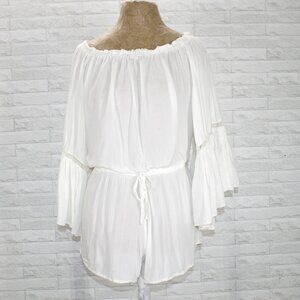ELAN Romper Shorts Oversized Summer Bell Sleeve Festival Beach Ruffle White SM